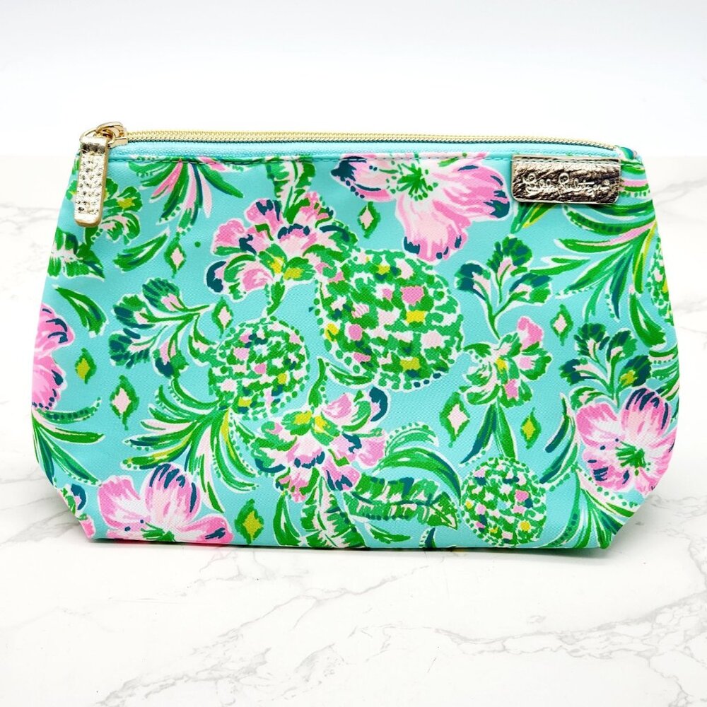 Lilly Pulitzer Cosmetic Bag Surf Blue Oh Diamond Girl Folia Green Pink Floral - Picture 1 of 8